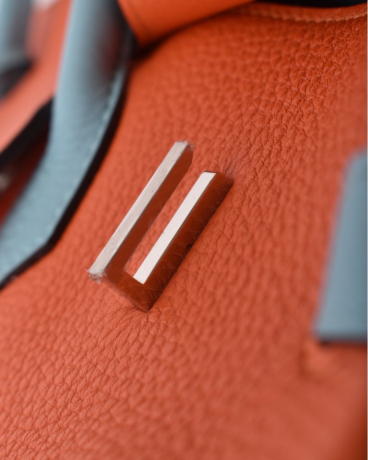 Bolsa Hermès Original Horseshoe Birkin 35 Clemence Laranja e Azul